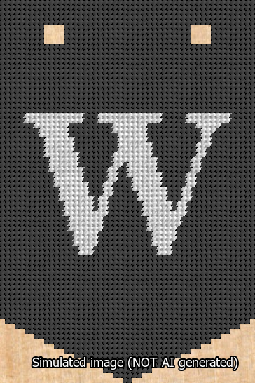 A simulated image of the stitched needlepoint design: Banner 13m Pointed W White on Black. Not A.I. generated.