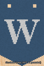 A simulated image of the stitched needlepoint design: Banner 13m Pointed W White on Blue. Not A.I. generated.