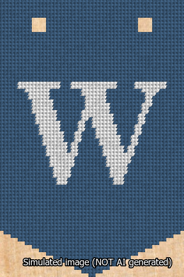 A simulated image of the stitched needlepoint design: Banner 13m Pointed W White on Blue. Not A.I. generated.