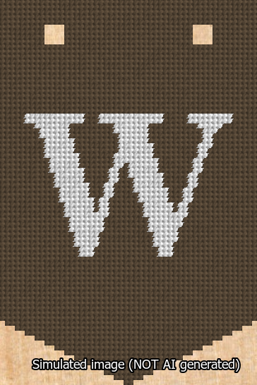 A simulated image of the stitched needlepoint design: Banner 13m Pointed W White on Brown. Not A.I. generated.