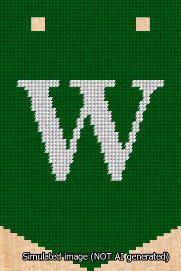A simulated image of the stitched needlepoint design: Banner 13m Pointed W White on Green. Not A.I. generated.