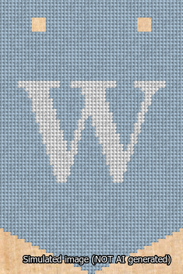 A simulated image of the stitched needlepoint design: Banner 13m Pointed W White on Light Blue. Not A.I. generated.