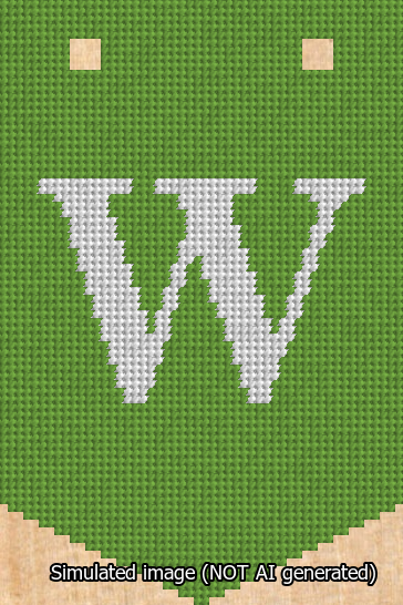 A simulated image of the stitched needlepoint design: Banner 13m Pointed W White on Light Green. Not A.I. generated.