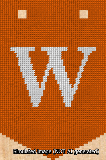 A simulated image of the stitched needlepoint design: Banner 13m Pointed W White on Orange. Not A.I. generated.