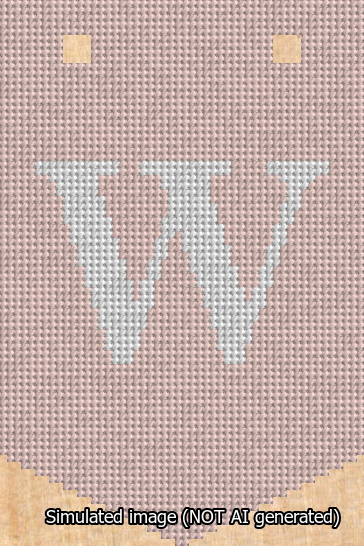 A simulated image of the stitched needlepoint design: Banner 13m Pointed W White on Pink. Not A.I. generated.