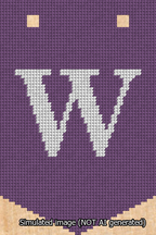 A simulated image of the stitched needlepoint design: Banner 13m Pointed W White on Purple. Not A.I. generated.