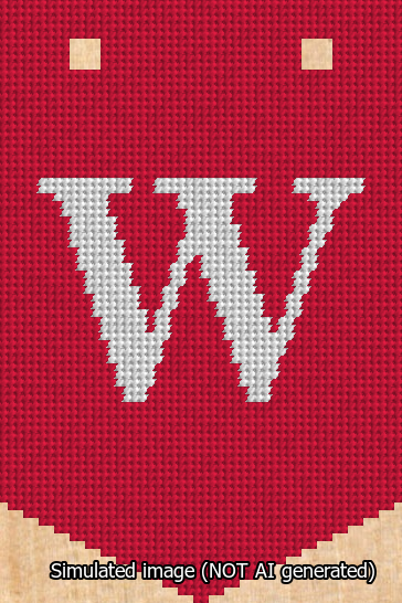 A simulated image of the stitched needlepoint design: Banner 13m Pointed W White on Red. Not A.I. generated.