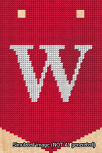 A simulated image of the stitched needlepoint design: Banner 13m Pointed W White on Red. Not A.I. generated.