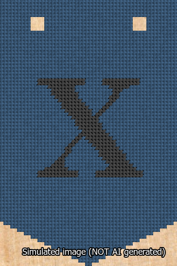 A simulated image of the stitched needlepoint design: Banner 13m Pointed X Black on Blue. Not A.I. generated.