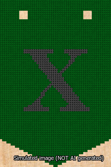 A simulated image of the stitched needlepoint design: Banner 13m Pointed X Black on Green. Not A.I. generated.