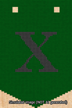 A simulated image of the stitched needlepoint design: Banner 13m Pointed X Black on Green. Not A.I. generated.