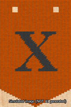 A simulated image of the stitched needlepoint design: Banner 13m Pointed X Black on Orange. Not A.I. generated.
