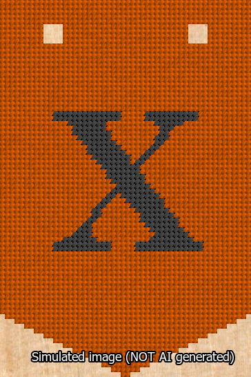 A simulated image of the stitched needlepoint design: Banner 13m Pointed X Black on Orange. Not A.I. generated.