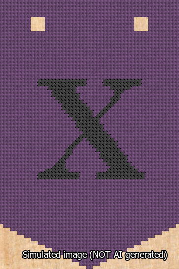 A simulated image of the stitched needlepoint design: Banner 13m Pointed X Black on Purple. Not A.I. generated.