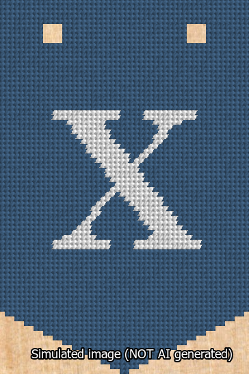 A simulated image of the stitched needlepoint design: Banner 13m Pointed X White on Blue. Not A.I. generated.