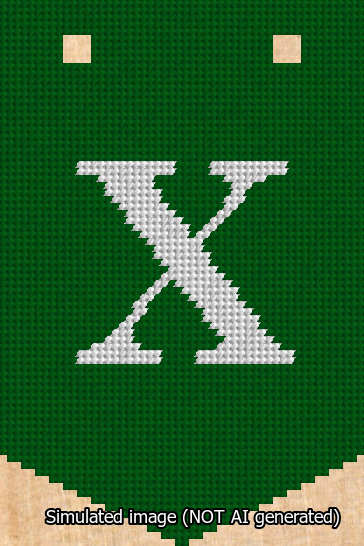 A simulated image of the stitched needlepoint design: Banner 13m Pointed X White on Green. Not A.I. generated.