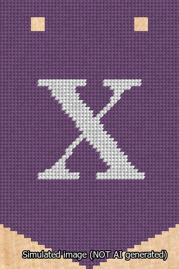 A simulated image of the stitched needlepoint design: Banner 13m Pointed X White on Purple. Not A.I. generated.