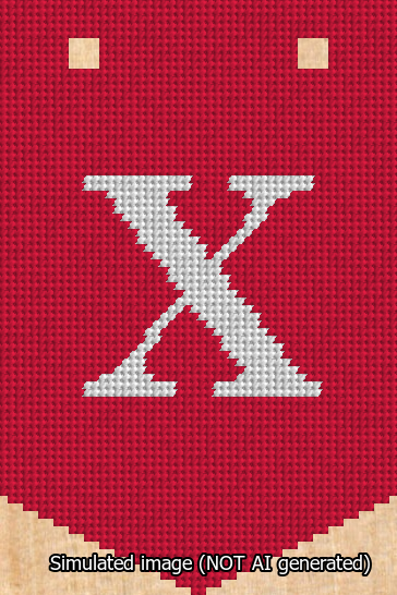 A simulated image of the stitched needlepoint design: Banner 13m Pointed X White on Red. Not A.I. generated.