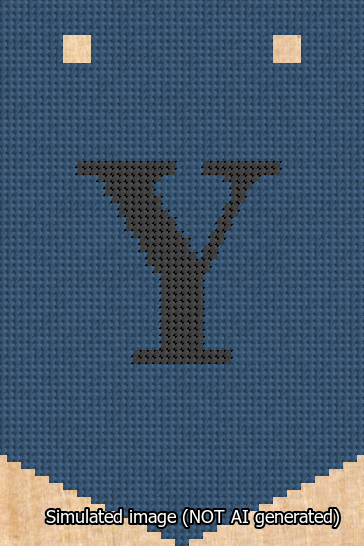 A simulated image of the stitched needlepoint design: Banner 13m Pointed Y Black on Blue. Not A.I. generated.
