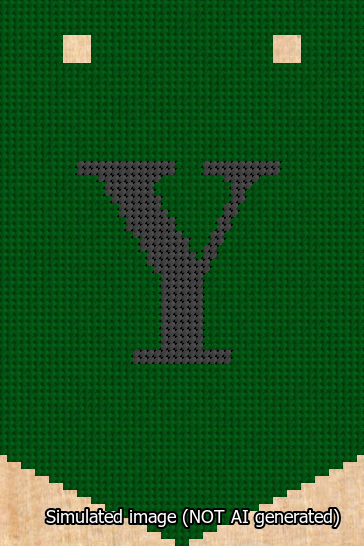 A simulated image of the stitched needlepoint design: Banner 13m Pointed Y Black on Green. Not A.I. generated.