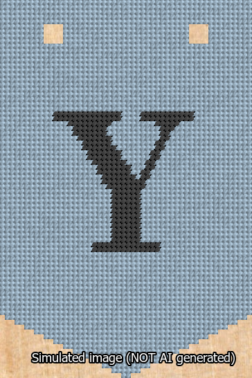 A simulated image of the stitched needlepoint design: Banner 13m Pointed Y Black on Light Blue. Not A.I. generated.