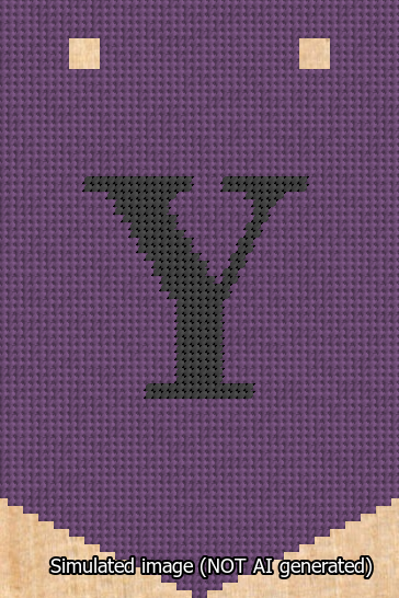 A simulated image of the stitched needlepoint design: Banner 13m Pointed Y Black on Purple. Not A.I. generated.