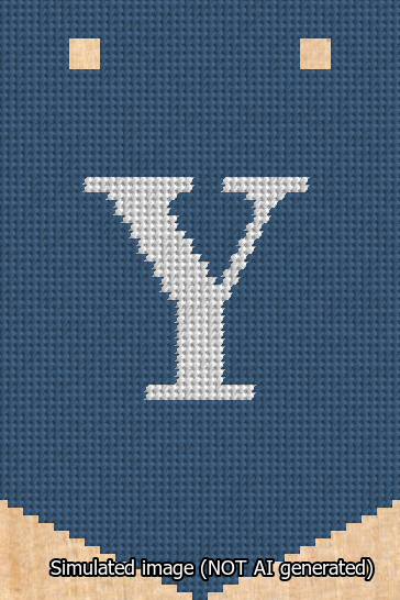 A simulated image of the stitched needlepoint design: Banner 13m Pointed Y White on Blue. Not A.I. generated.