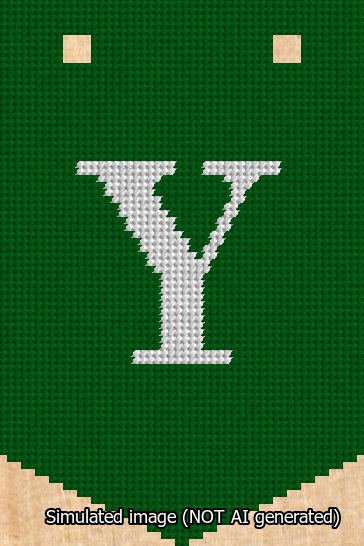 A simulated image of the stitched needlepoint design: Banner 13m Pointed Y White on Green. Not A.I. generated.
