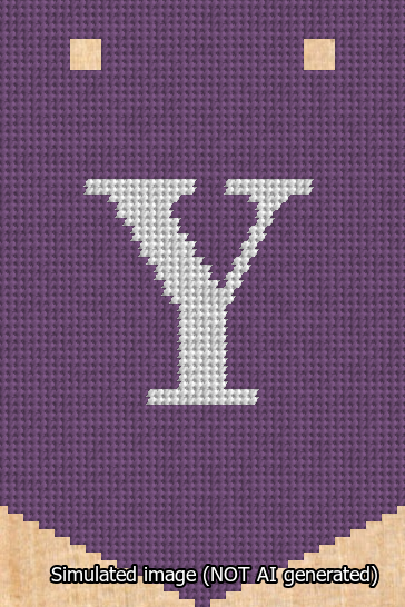 A simulated image of the stitched needlepoint design: Banner 13m Pointed Y White on Purple. Not A.I. generated.