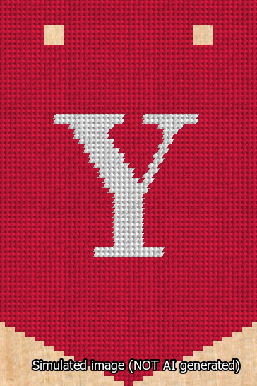 A simulated image of the stitched needlepoint design: Banner 13m Pointed Y White on Red. Not A.I. generated.
