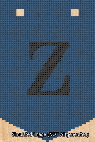A simulated image of the stitched needlepoint design: Banner 13m Pointed Z Black on Blue. Not A.I. generated.