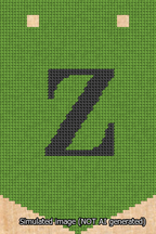 A simulated image of the stitched needlepoint design: Banner 13m Pointed Z Black on Light Green. Not A.I. generated.
