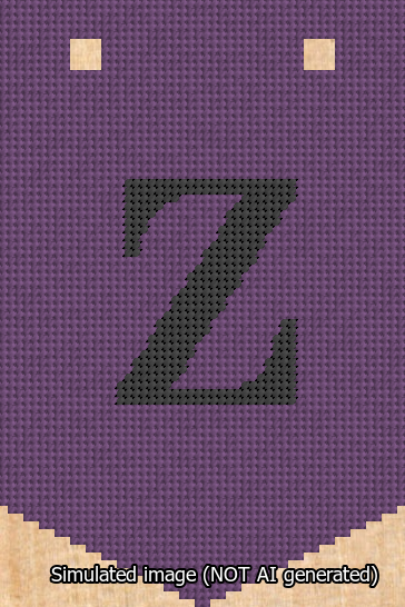 A simulated image of the stitched needlepoint design: Banner 13m Pointed Z Black on Purple. Not A.I. generated.