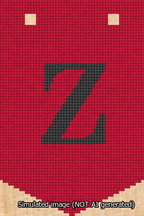 A simulated image of the stitched needlepoint design: Banner 13m Pointed Z Black on Red. Not A.I. generated.
