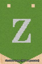 A simulated image of the stitched needlepoint design: Banner 13m Pointed Z White on Light Green. Not A.I. generated.