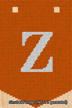 A simulated image of the stitched needlepoint design: Banner 13m Pointed Z White on Orange. Not A.I. generated.