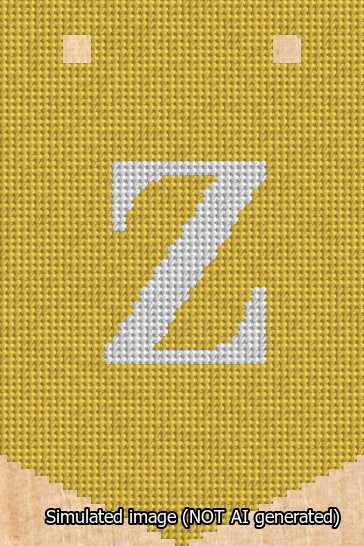 A simulated image of the stitched needlepoint design: Banner 13m Pointed Z White on Yellow. Not A.I. generated.