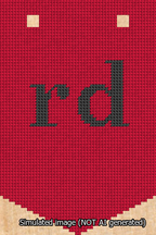 A simulated image of the stitched needlepoint design: Banner 13m Pointed rd Black on Red. Not A.I. generated.