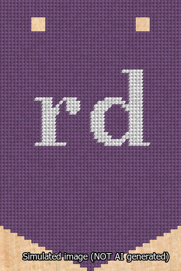 A simulated image of the stitched needlepoint design: Banner 13m Pointed rd White on Purple. Not A.I. generated.
