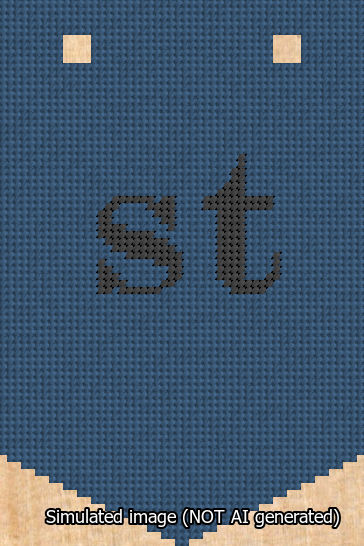 A simulated image of the stitched needlepoint design: Banner 13m Pointed st Black on Blue. Not A.I. generated.