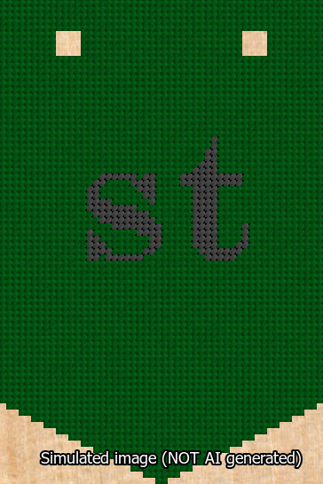 A simulated image of the stitched needlepoint design: Banner 13m Pointed st Black on Green. Not A.I. generated.