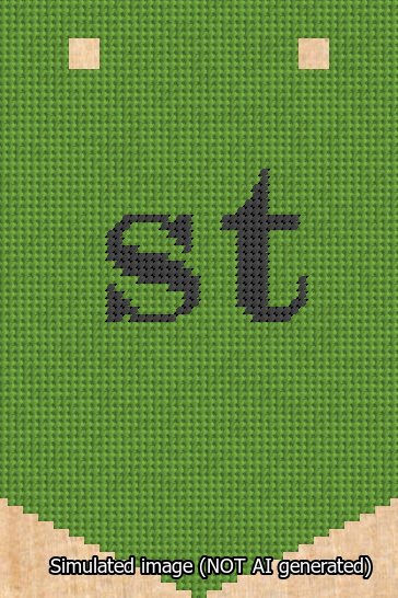 A simulated image of the stitched needlepoint design: Banner 13m Pointed st Black on Light Green. Not A.I. generated.