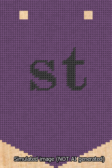 A simulated image of the stitched needlepoint design: Banner 13m Pointed st Black on Purple. Not A.I. generated.