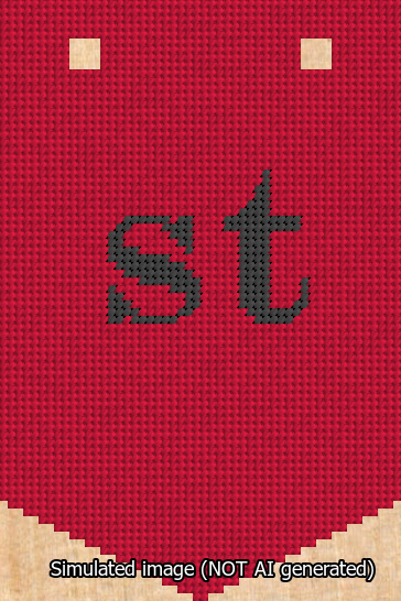 A simulated image of the stitched needlepoint design: Banner 13m Pointed st Black on Red. Not A.I. generated.