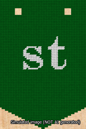 A simulated image of the stitched needlepoint design: Banner 13m Pointed st White on Green. Not A.I. generated.