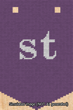 A simulated image of the stitched needlepoint design: Banner 13m Pointed st White on Purple. Not A.I. generated.