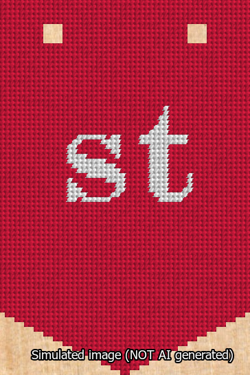 A simulated image of the stitched needlepoint design: Banner 13m Pointed st White on Red. Not A.I. generated.