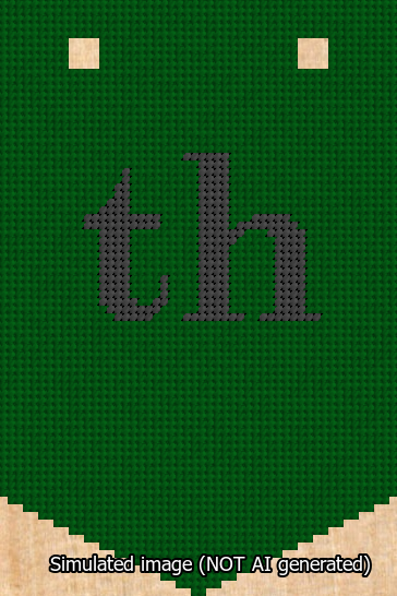 A simulated image of the stitched needlepoint design: Banner 13m Pointed th Black on Green. Not A.I. generated.