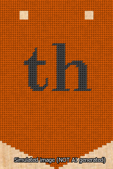 A simulated image of the stitched needlepoint design: Banner 13m Pointed th Black on Orange. Not A.I. generated.