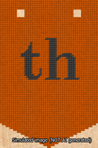A simulated image of the stitched needlepoint design: Banner 13m Pointed th Black on Orange. Not A.I. generated.